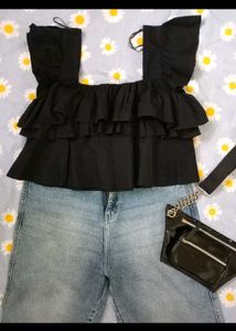 Black Ruffled Off-Shoulder Top