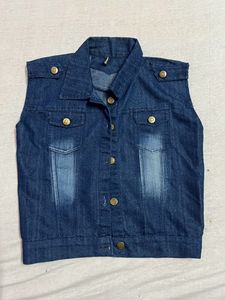 Solid Blue Denim Sleeveless Jacket