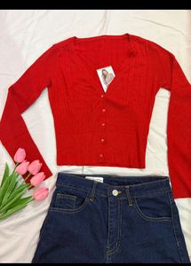 V-Neck Red Ribbed Cropped Cardigan