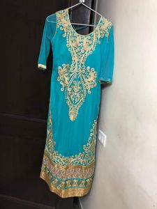 Teal &amp; Gold Embroidered Salwar Kameez Set