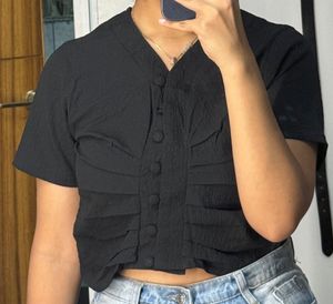 Black Textured Button-Up Top