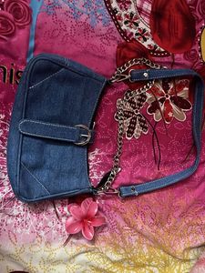 Denim Shoulder Bag with Chain