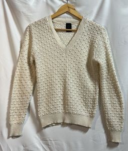 Cream Textured V-Neck Sweater