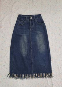 Denim Midi Skirt with Frayed Hem