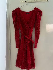 Red Lace Wrap Dress with Puff Sleeves