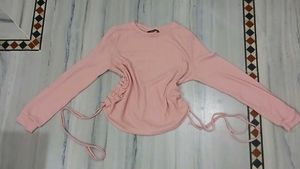 SHEIN Pink Ribbed Ruched Tie-Side Full Sleeve Top