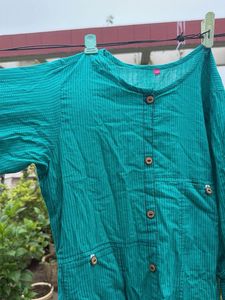 Teal Striped Button-Front Kurta