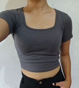 Zara Dark Grey Square Neck Crop Top