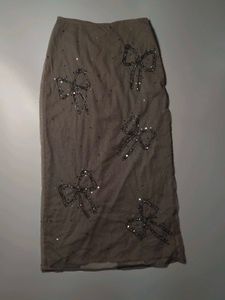 Grey Beaded Bow Skirt