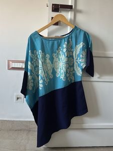 One shoulder Blue Asymmetrical Tunic Top