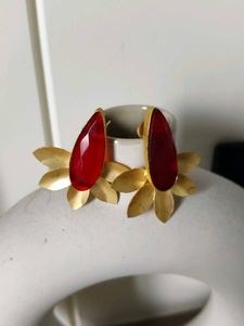 Red Stone &amp; Gold Leaf Earrings