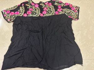 Boho-Chic Embroidered Yoke Black Tunic Top