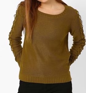 Olive - Green Lace-Up Sleeve Sweater