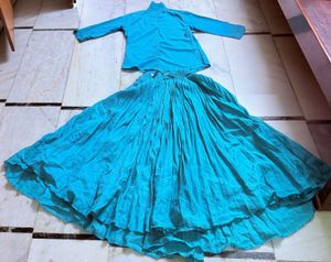 turquoise blue long flared skirt & matching shirt