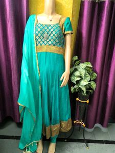 Elegant Teal Anarkali Suit with Gold Embellish