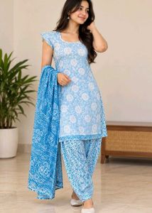 Blue Printed Kurta with Salwar and Dupatta
