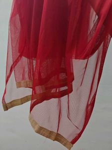 Red Net Dupatta with Golden Border