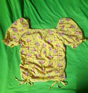 Yellow Drawstring Bow Floral Crop Top summer wear