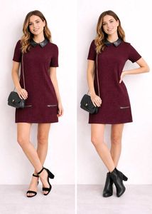 Chic Burgundy Textured Dress with Faux Leather Col