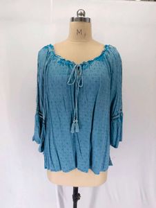 Blue Boho Tassel Tie Neck Blouse