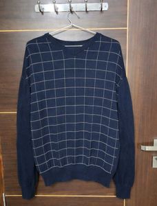 Men's Navy V-Neck Plaid Sweater