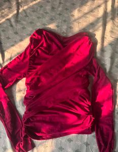 Sheer Mesh Ruched V-Neck Top