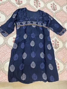 Navy Blue Printed Chanderi kurta