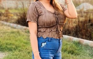 Brown Ribbed Tie-Front Crop Top