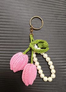 Crocheted Tulip Keychain with Pearls