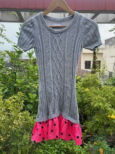 Gray Cable Knit Dress with Pink Polka Dot Skirt