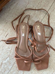 Strappy Lace-Up Tan Flat Sandals