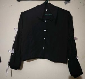 Chic Black Bell Sleeve Top with Ribbon Tie