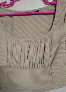 Ruched Square Neck Ribbed Long Sleeve Top