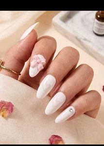 🎀 White  &amp; 3D Pink Bow Press-On Nails