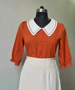 Retro Orange Top with White Pan Collar