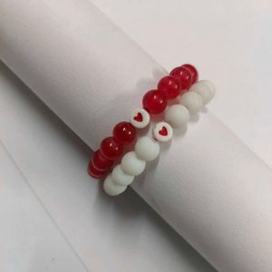 Red &amp; White Beaded Bracelets with Hearts