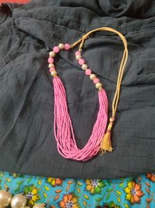 Pink Beaded Necklace with Tassel