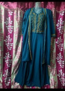 Elegant Teal Gown with Gold Embroidery