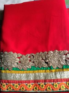 Red Saree with Embroidered Border