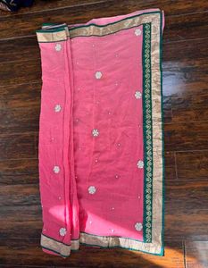 Pink Saree with Green &amp; Gold Border