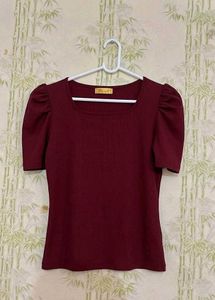 Reddish Maroon Puff Sleeve Square Neck Top