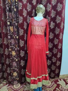 Red &amp; Gold Embellished Anarkali Dress