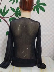 (882)Black Sheer Long Sleeve Ruffle Bodysuit