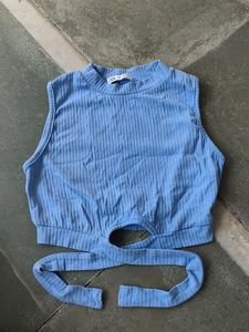 Blue Ribbed Cut-Out Crop Top