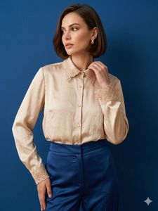 Elegant Lace Trim Satin Shirt
