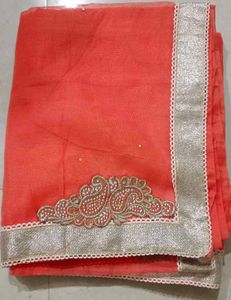 Coral Paisley Embroidered Sari