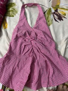 Chic Pink Gingham Halter Top