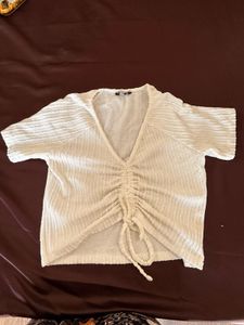 White Ruched V-Neck Top