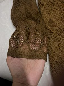 Brown Crochet Net Top and white crop to