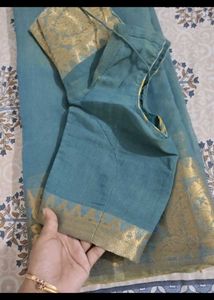 Elegant Teal Saree with Gold Border